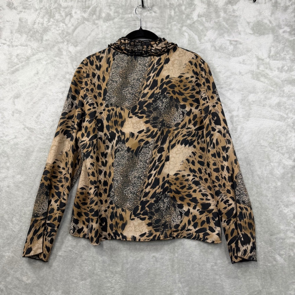 Unbranded Leopard Print Blouse Womens XL Tan Black Ruffle V-Neck Long Sleeve Top - Picture 2 of 9